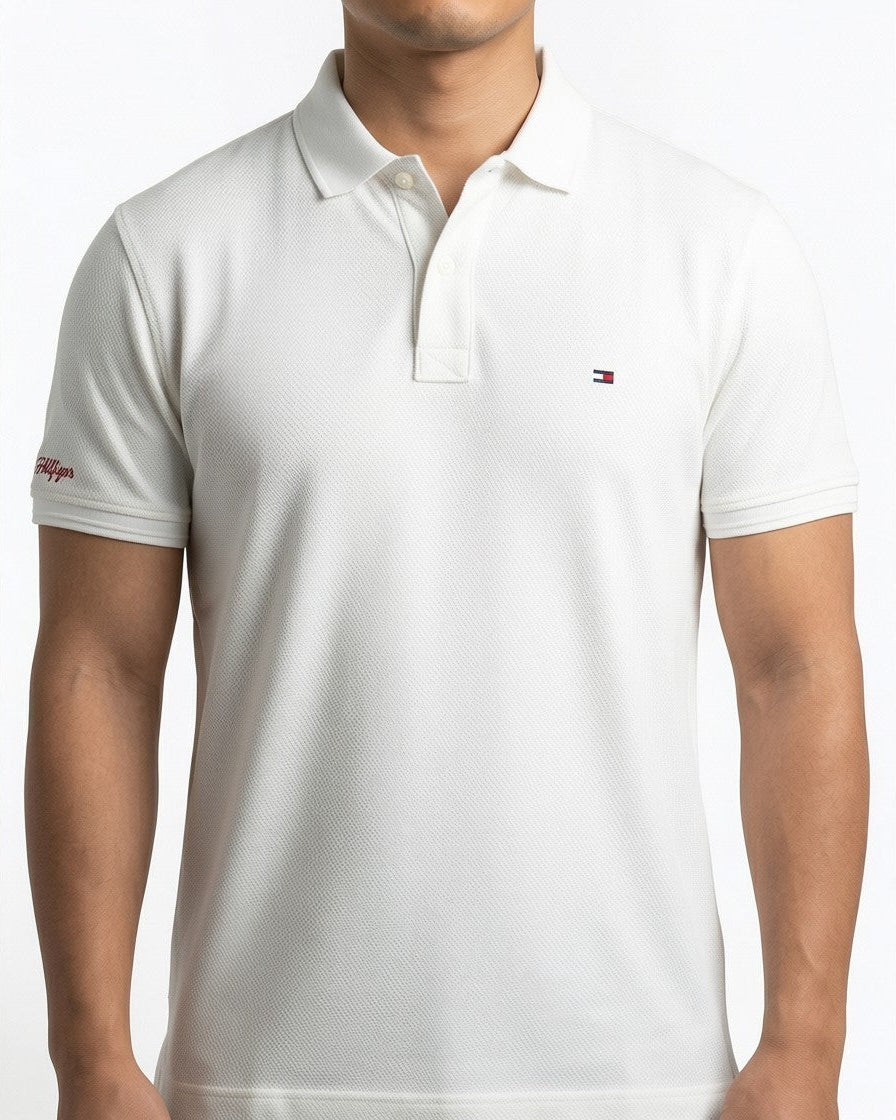 Classic Popcorn Knit Polo – White