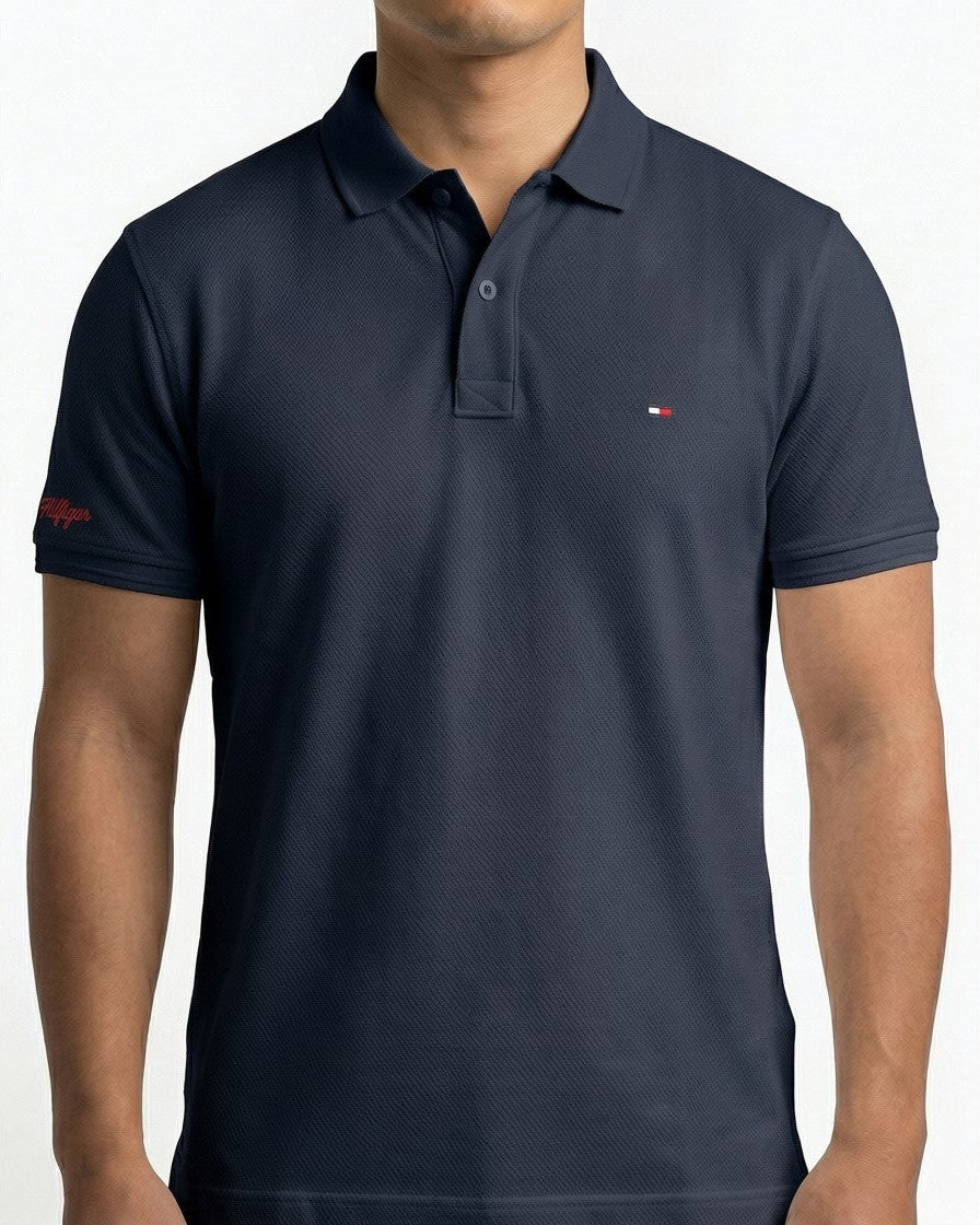 Classic Popcorn Knit Polo – Navy Blue