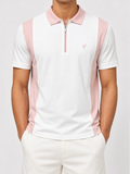 Fitted Contrast Panel Half-Zip Polo – Blush Pink & White