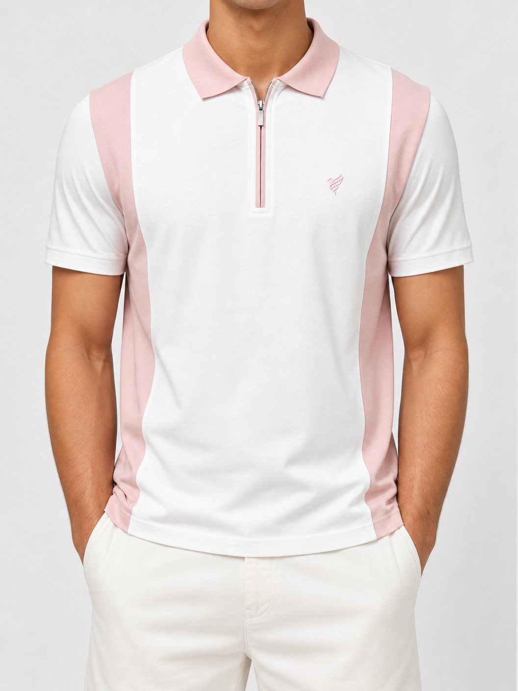 Fitted Contrast Panel Half-Zip Polo – Blush Pink & White