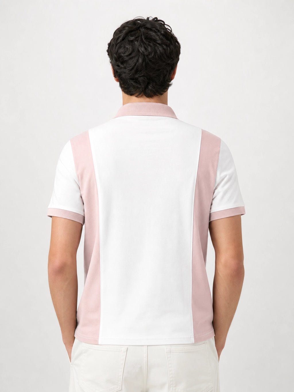 Fitted Contrast Panel Half-Zip Polo – Blush Pink & White