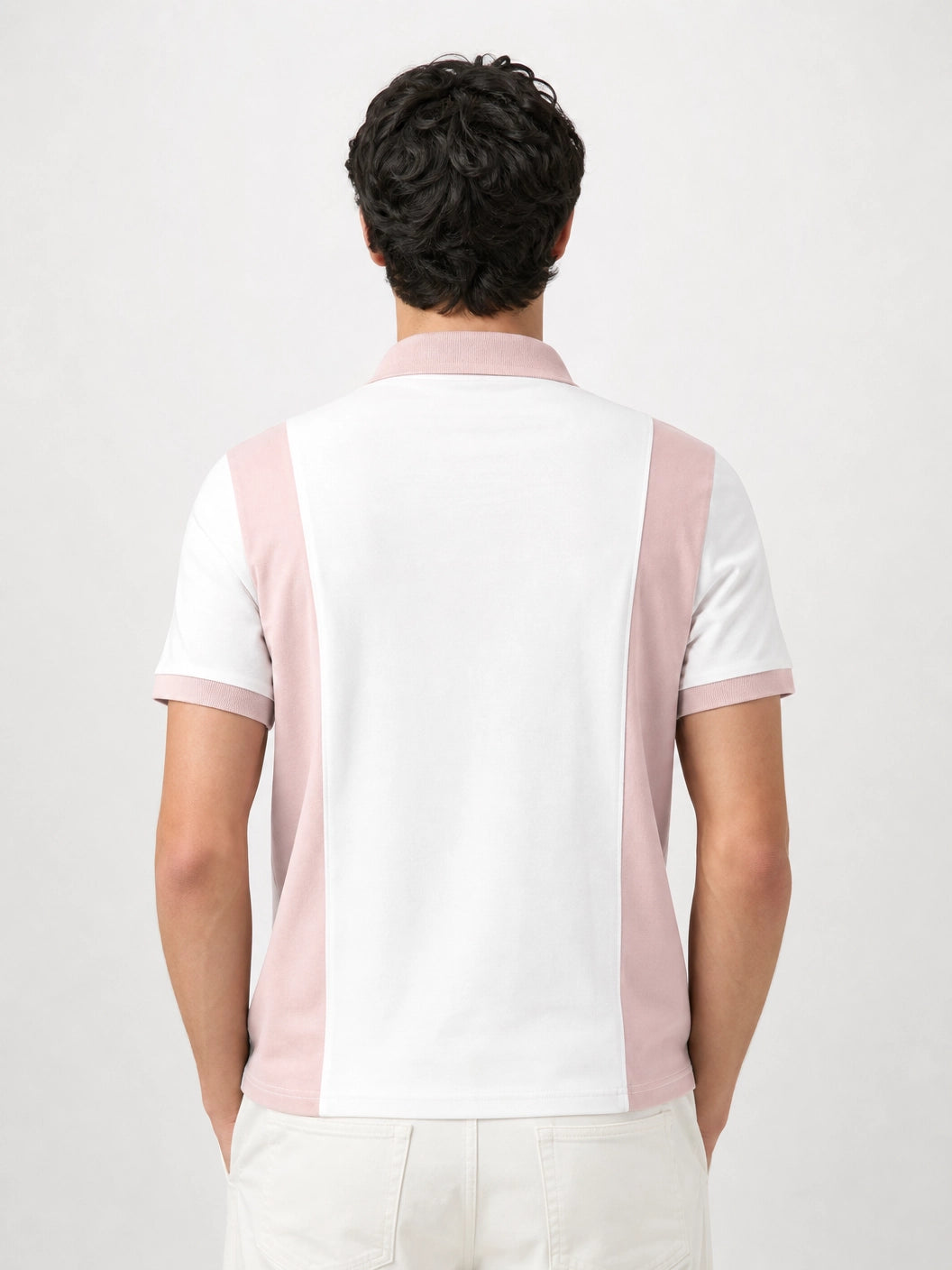 Fitted Contrast Panel Half-Zip Polo – Blush Pink & White